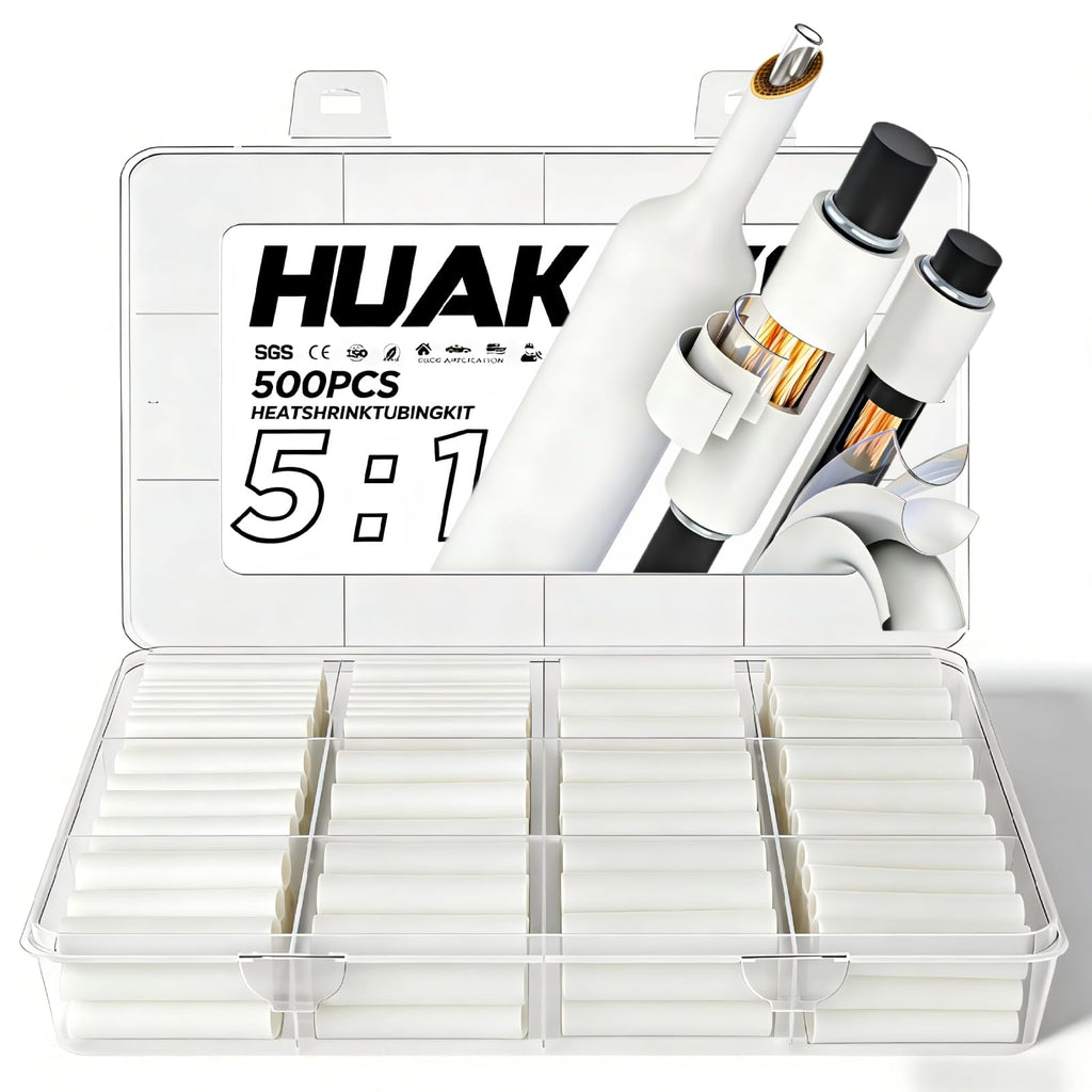 5:1 Heat Shrink Tubing Kit 500 PCS, Industry-Leading 5:1 Ratio Shrink Wrap Tubing Adhesive Lined, Heat Shrink Wire Connectors, Marine Grade Dual Wall, Waterproof Electrical Wire Tube Connectors(White)