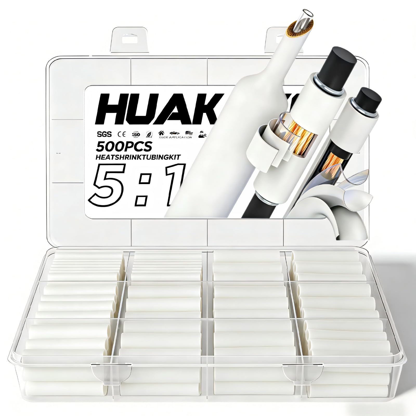 5:1 Heat Shrink Tubing Kit 500 PCS, Industry-Leading 5:1 Ratio Shrink Wrap Tubing Adhesive Lined, Heat Shrink Wire Connectors, Marine Grade Dual Wall, Waterproof Electrical Wire Tube Connectors(White)