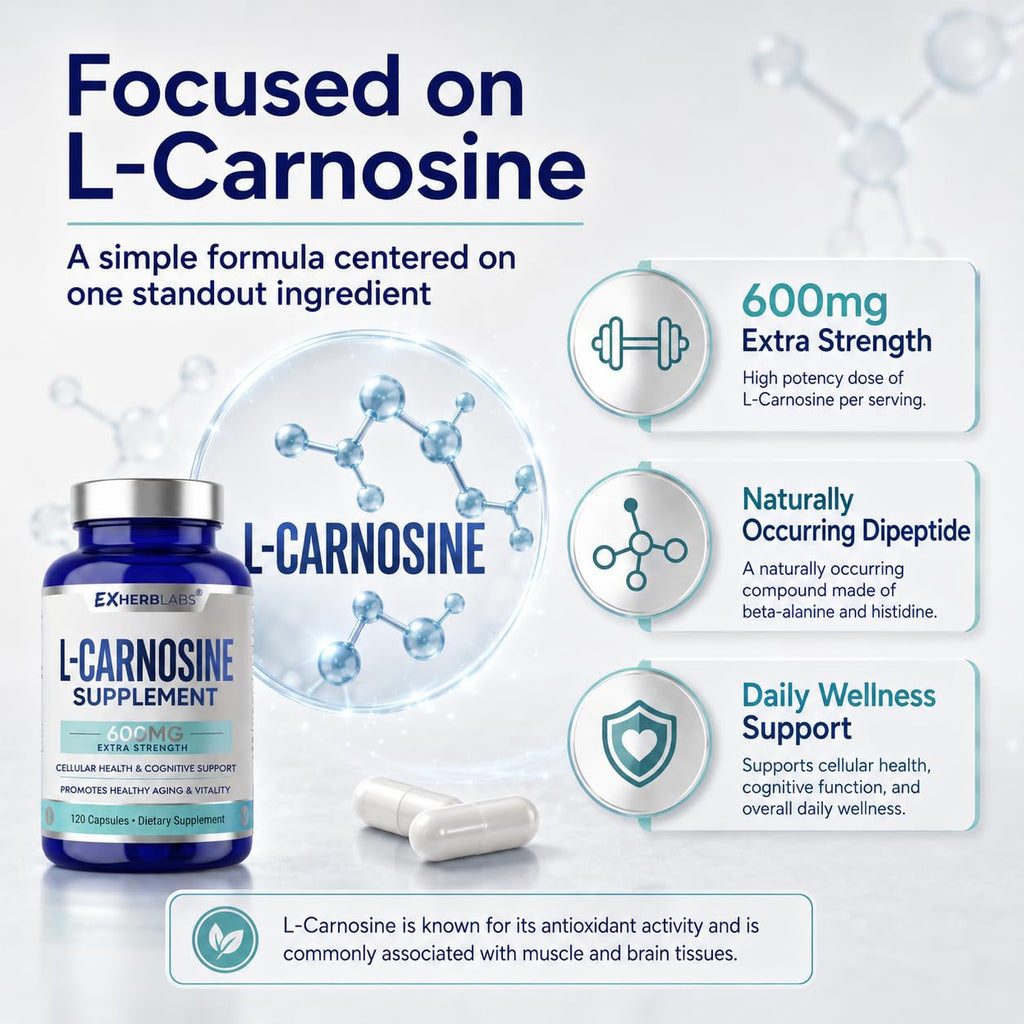 L-Carnosine 600mg Capsules, Premium Carnosine Supplement for Cellular Rejuvenation & Brain Support, Advanced L Carnosine Supplement for Antioxidant Defense & Muscle Recovery, 120 Capsules
