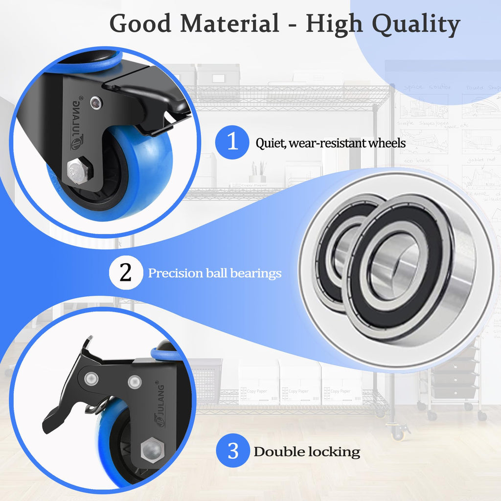 JULANG 2 inch Caster Wheels 5/16" Threaded Stem Casters Set of 4 Heavy Duty, Locking & Stem Mount (UNC 5/16" -18 x1 & Weight Capacity 580 lbs) Casters for Wire Shelving, Carts, Furniture.(Blue)