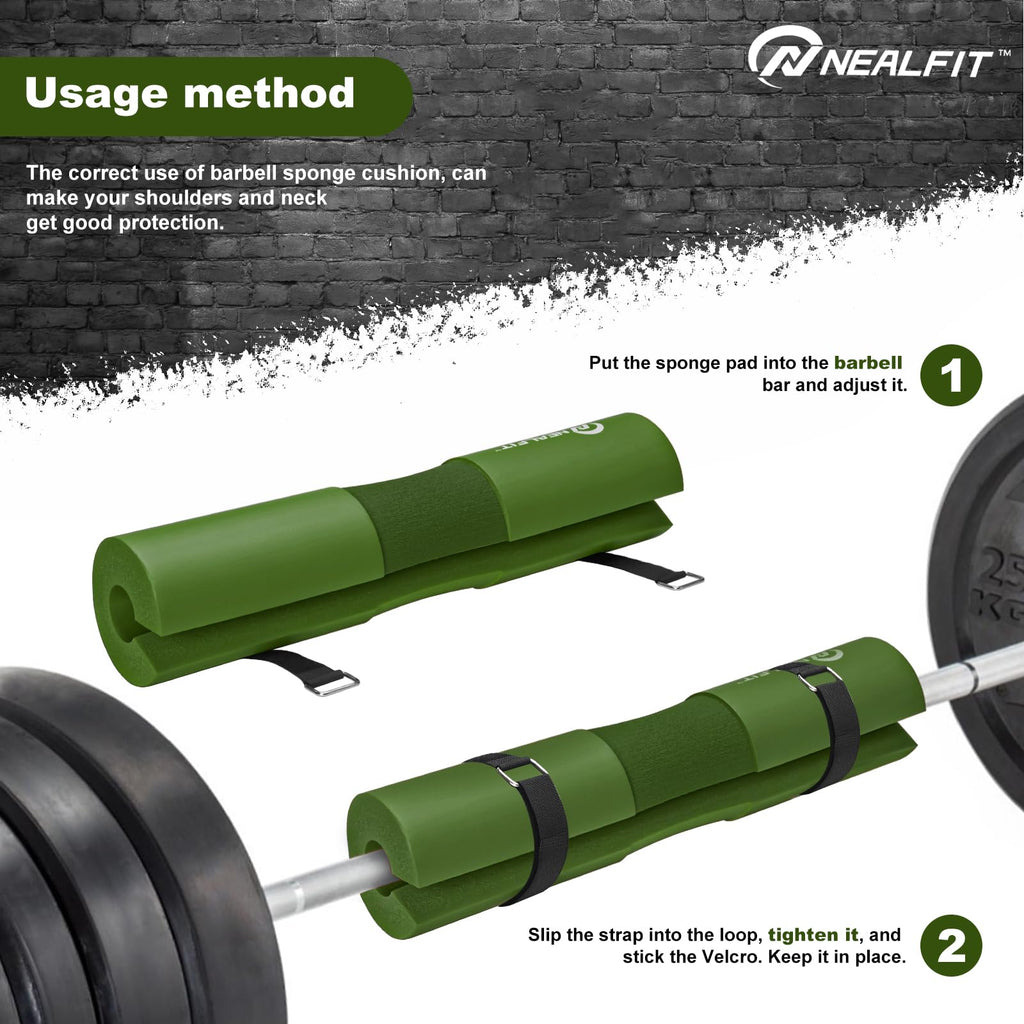 NEALFIT Barbell Pad Squat Pad for Squats���Squat Bar Pad���Great for Weightlifting,Lunges and Hip Thrusts���Foam Sponge Pad���Fit Standard and Olympic Bars Perfectly (Army Green)