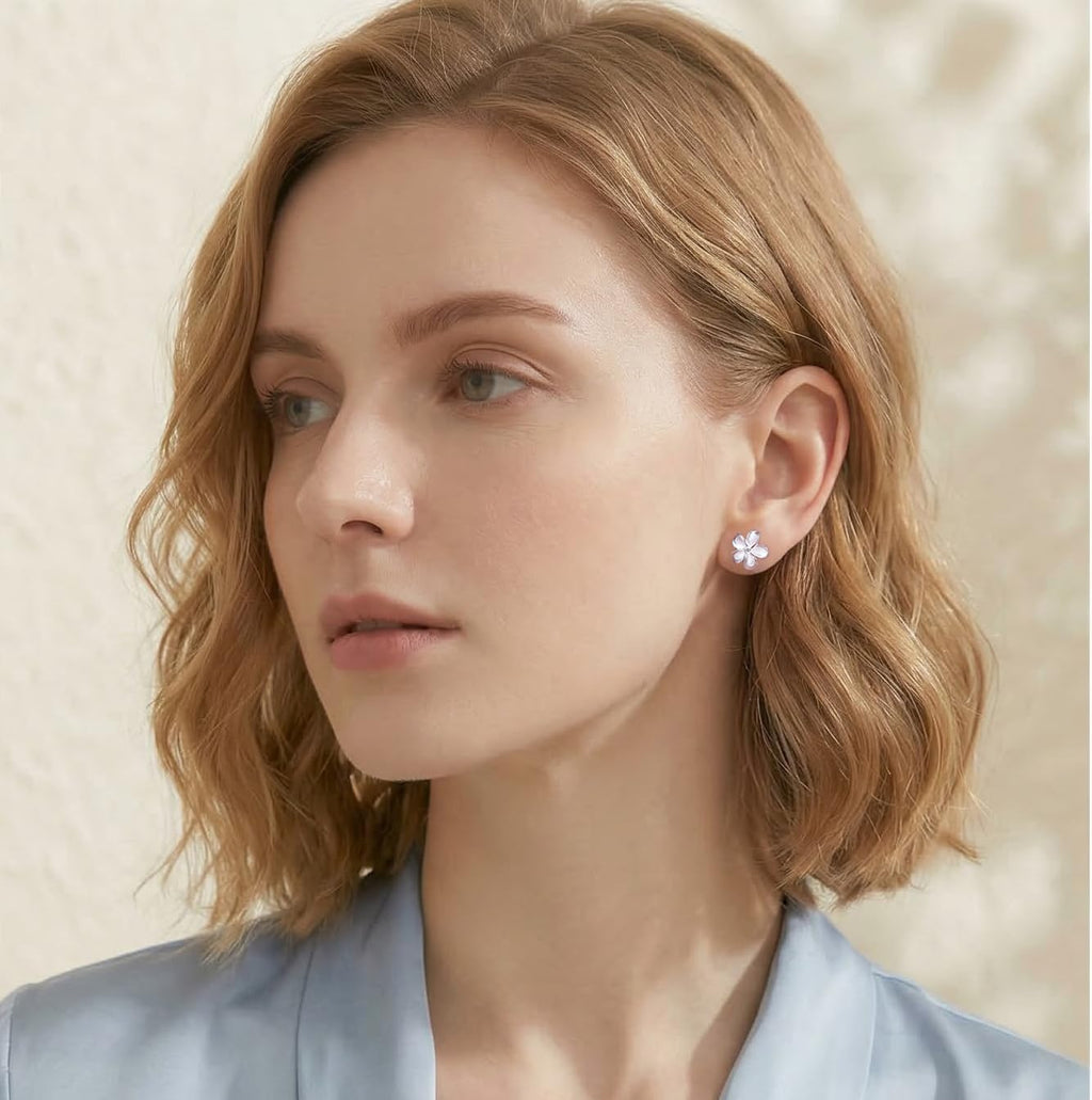 Reffeer Solid 925 Sterling Silver Plumeria Flower Stud Earrings for Women Teen Girls Crystal Flower Stud Earrings (A-Silver)