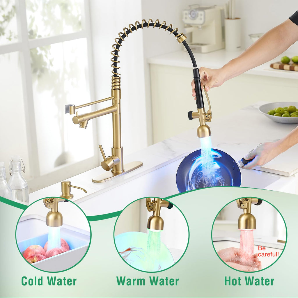 Fapully Commercial Kitchen Faucets with Pull Down Sprayer Brushed Gold LED Single Handle Faucet for Kitchen Sink, Kitchen Faucet with Soap Dispenser and Deck Plack for 4 Hole