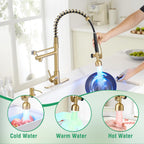 Fapully Commercial Kitchen Faucets with Pull Down Sprayer Brushed Gold LED Single Handle Faucet for Kitchen Sink, Kitchen Faucet with Soap Dispenser and Deck Plack for 4 Hole