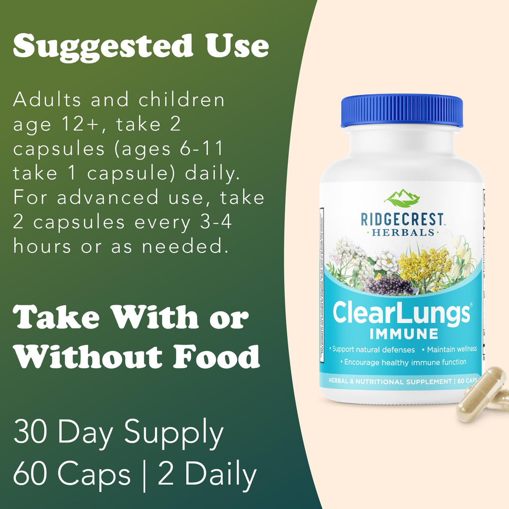 RidgeCrest Herbals ClearLungs Immune, Lung Support Supplement with Elderberry, Zinc, Vitamin C, Vitamin A, Olive Leaf, Mullein, Lung Wellness Formula for Respiratory Health (60 Vegan Caps, 30 Serv)
