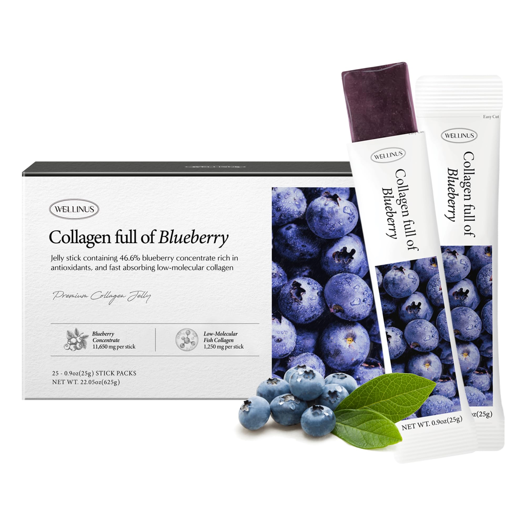 Korean Collagen Jelly Sticks - 25 Blueberry Flavored Marine Collagen Peptide Snacks for Anti-Aging- Collagen Protein Sugar-Free, Travel Packs for Hair & Nail Strength