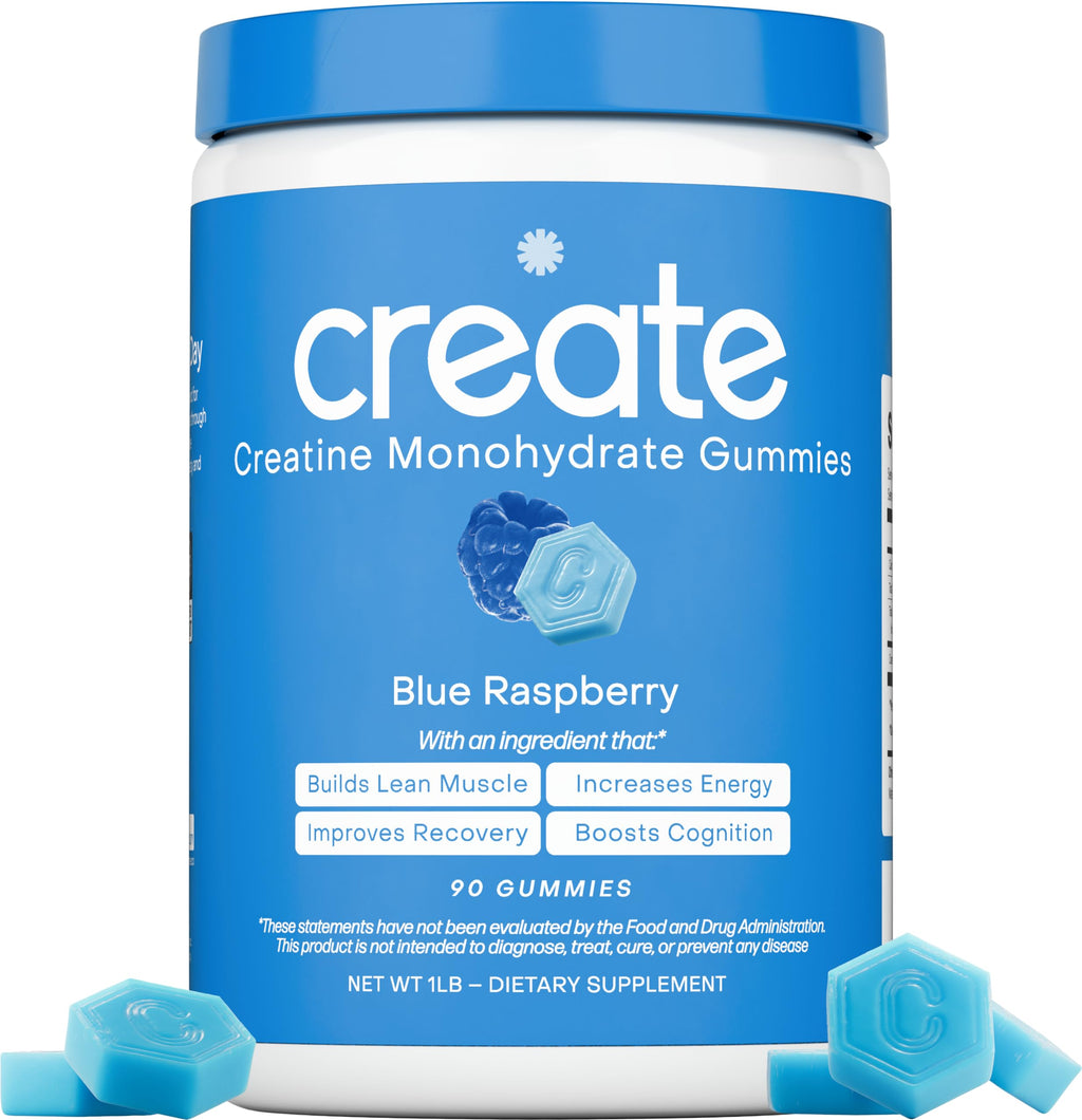 Create Creatine Monohydrate Gummies for Men & Women, Boost Focus, Strength, and Endurance, Anti-Melting Formula, Vegan, Gluten-Free, Non-GMO, 1.5g of Creatine per Gummy (Blue Raspberry)