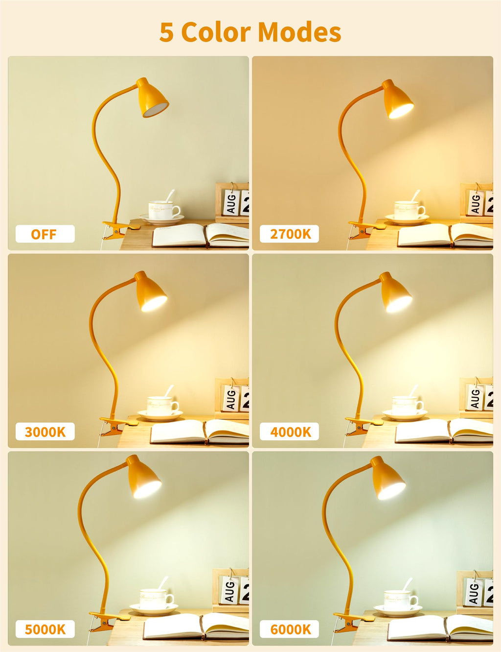 BOHON Clip on Light, 10W 38 LED Desk Lamp with Clamp, 5 Color 10 Brightness Auto Off Timer, Flexible Neck Clip Lamp, Desk Lights for Office Home Bed Bedside Reading, Bright Yellow