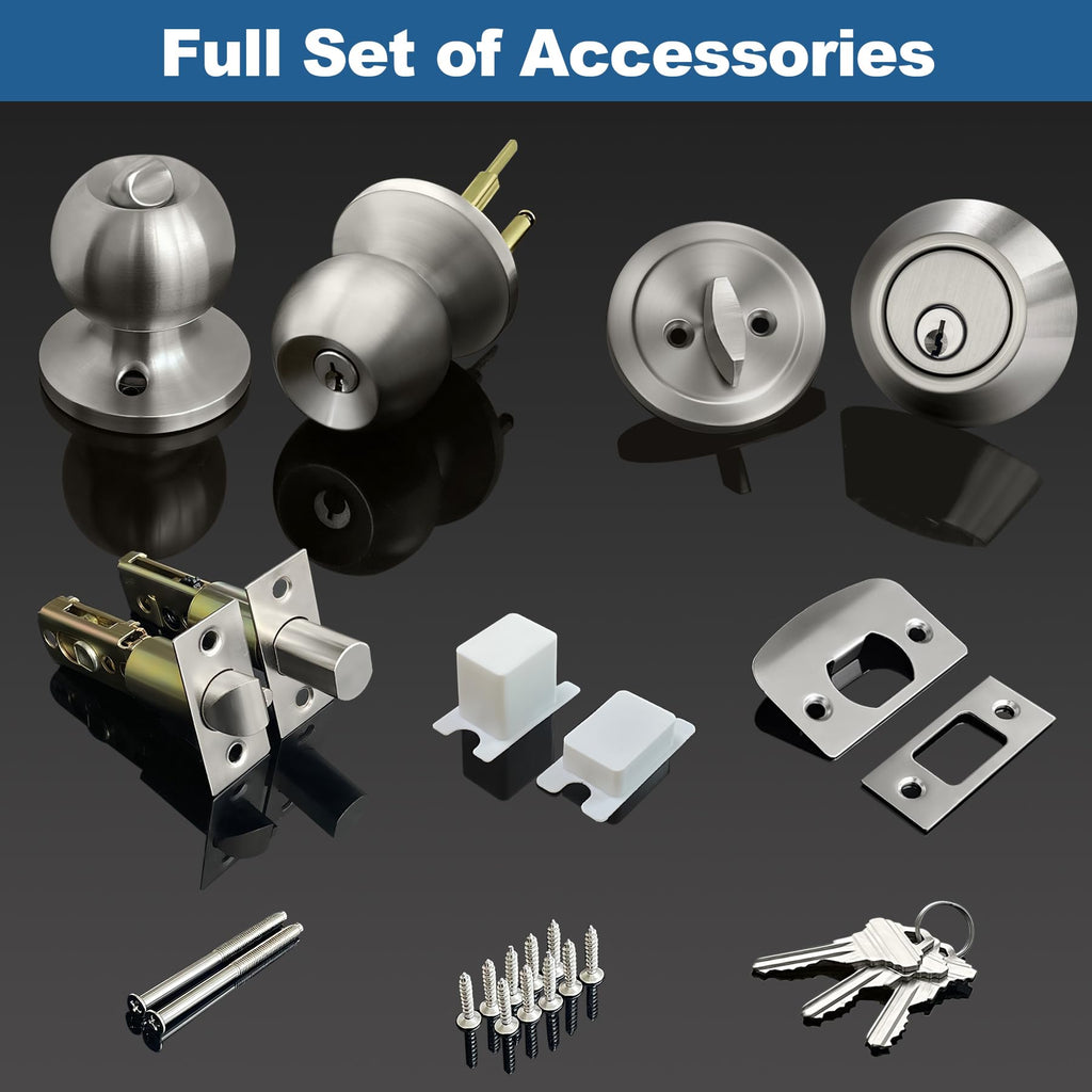 BESTTEN Keyed Same Exterior Door Knob and Single Cylinder Deadbolt Combo Set, Keyed Alike Entry Door Knobs with Lock and Keys for Entrance and Front Door, Satin Nickel