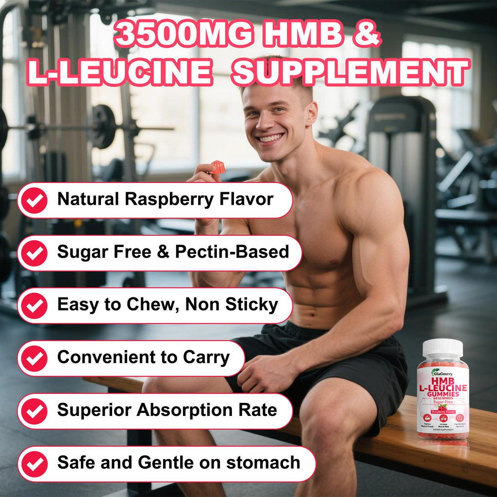 GlaGmrry 2 Pack HMB and Leucine Gummies, HMB & Leucine Amino Acid for Muscle Growth, Muscle Relief, HMB Supplements for Men & Women, Vegan, Non-GMO, Raspberry Flavor, 120 Count