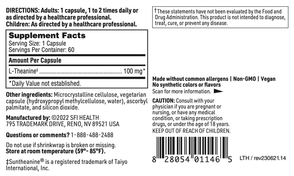 SFI Health Klaire Labs L-Theanine - 100mg Suntheanine to Promote Promote Relaxation (60 Capsules)