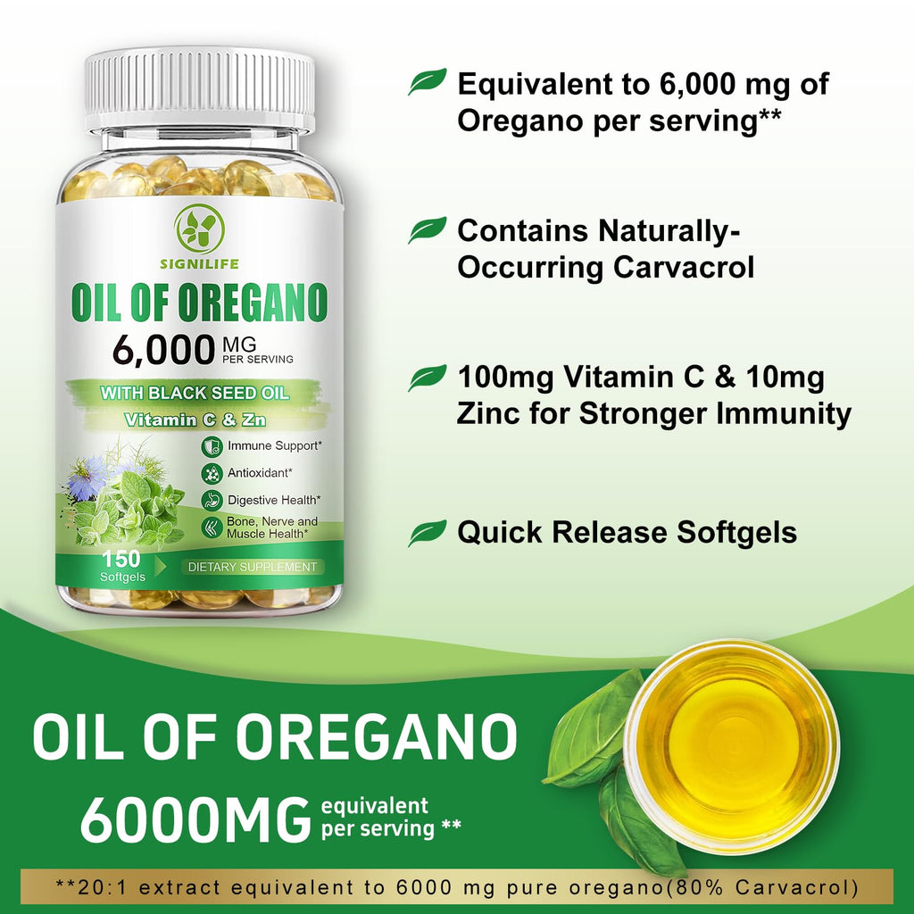 SIGNILIFE Oil of Oregano with Black Seed Oil, 6000mg Oregano Oil Capsules for Immune Support with High Carvacrol & Thymoquinone, Antioxidant, Non-GMO, Gluten Free, 150 Softgels