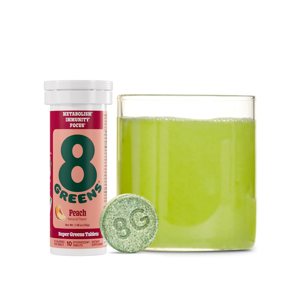 8Greens Supergreens Tablets | Super Greens Powder Superfood, Metabolism Immunity & Focus, Daily Greens Effervescent Tablets, Organic: Aloe Vera, Spirulina, Chlorella, Peach, Tube 60 Servings.