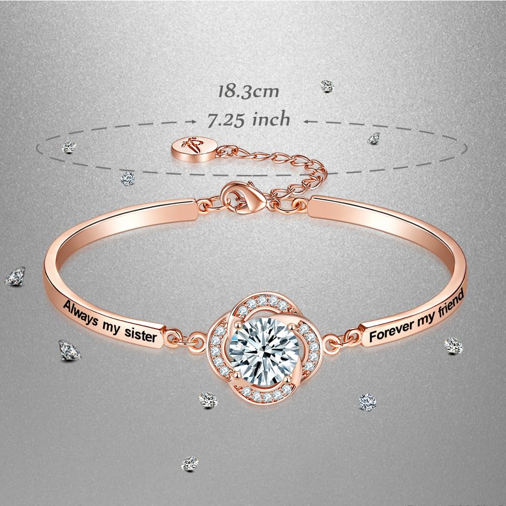 Aihitero Christmas Sister Gift, Flower Bangle Bracelet with 'Always My Sister Forever My Friend' Message, Rose Gold Women Jewelry, Valentines Day Xmas Birthday Present from Bestie BFF Sibling Brother