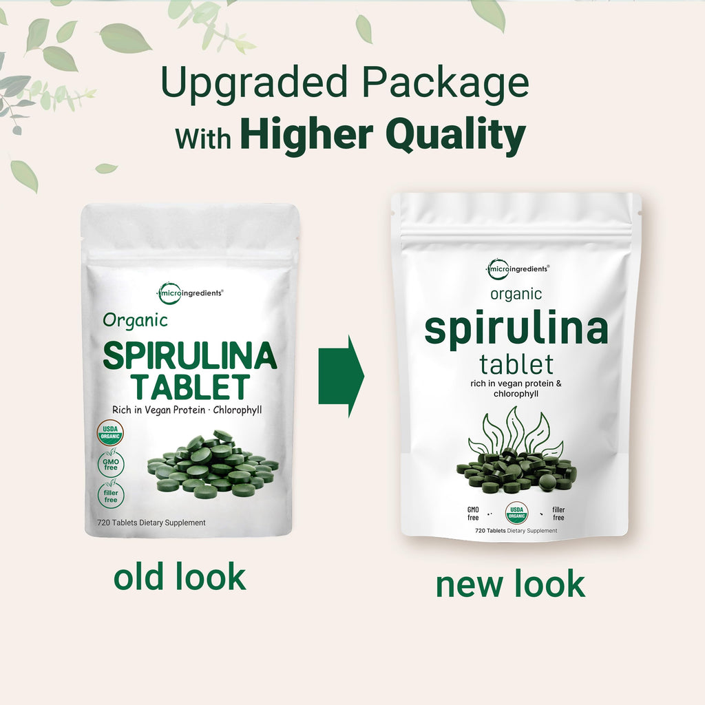 Micro Ingredients Organic Spirulina Supplement, 720 Tablets (4 Month Supply), No Filler & Non-GMO, Rich in Vegan Protein, Vitamins & Prebiotics, Premium Spirulina Pills