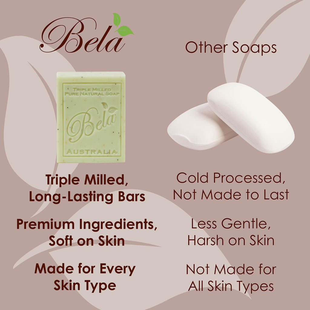 BELA Extra Creamy Goat Milk Soap 3.3 OZ Pack of 6, Long Lasting French Triple Milled Bar Soap Enriched with Organic Shea Butter, Hand, Face and Body Wash Bar, Made in Australia