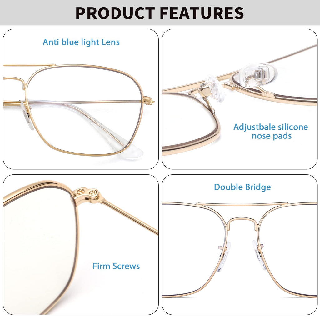 JM Aviator Blue Light Blocking Computer Glasses, Square Eye Protect Video Eyeglasses Anti Glare Men Women