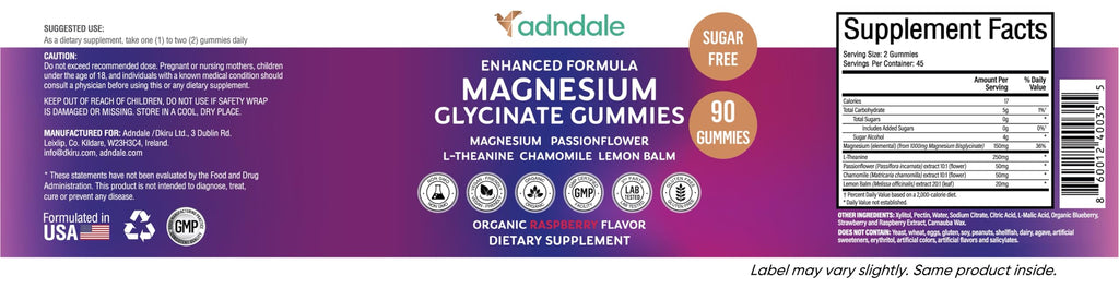 Adndale Magnesium Glycinate 400 mg Gummies with Ashwagandha, Magnesium Malate & Taurate, Tart Cherry, Magnolia Bark, Lemon Balm, Passionflower, Chamomile, L-Theanine, Zinc, Vitamin K2 & D3. 180CT