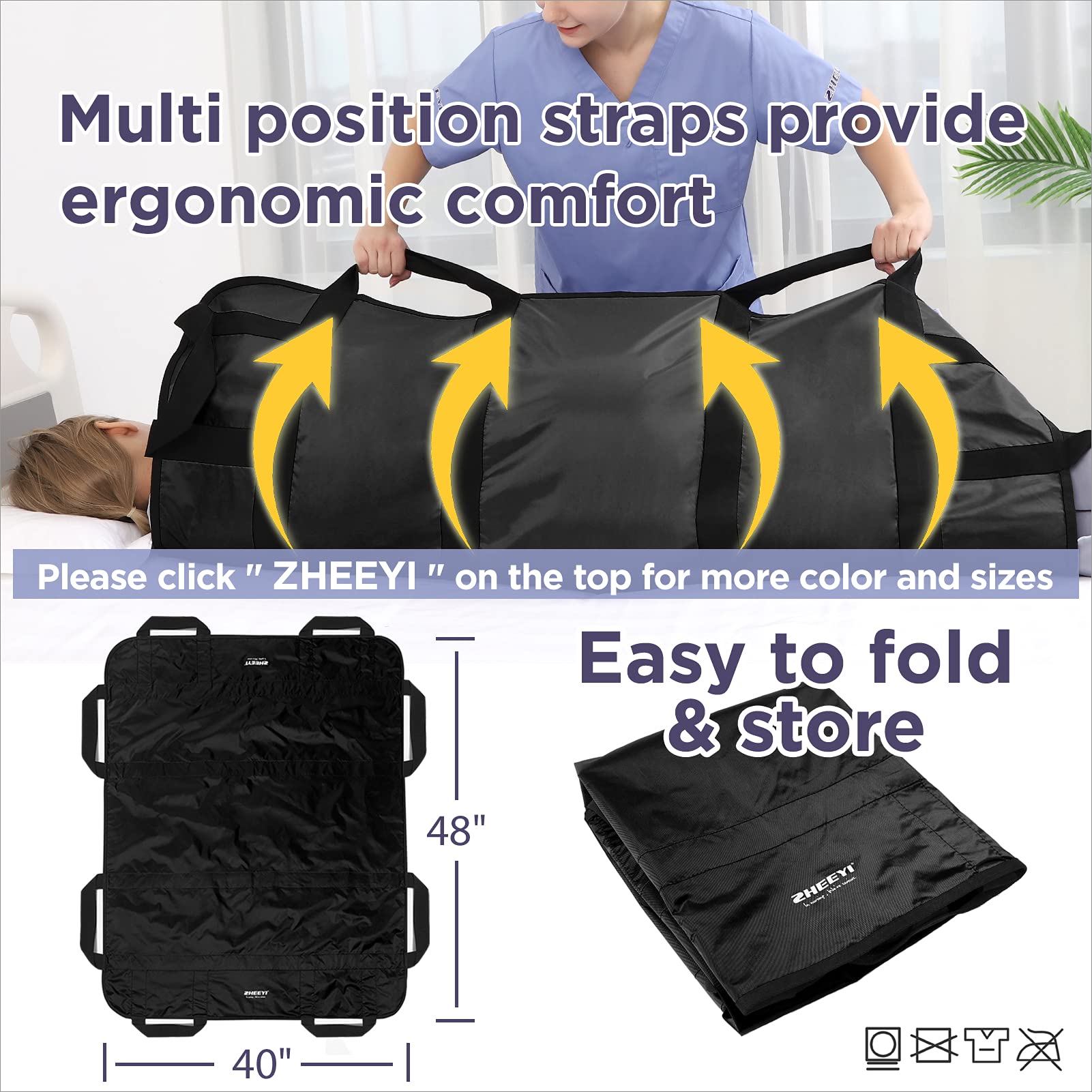 Bed Positioning Pad with Reinforced Handles 48" x 40" Lifting Turning Patient Sheet Transfer Blanket for Caregiver, Bedridden, Elderly, Black