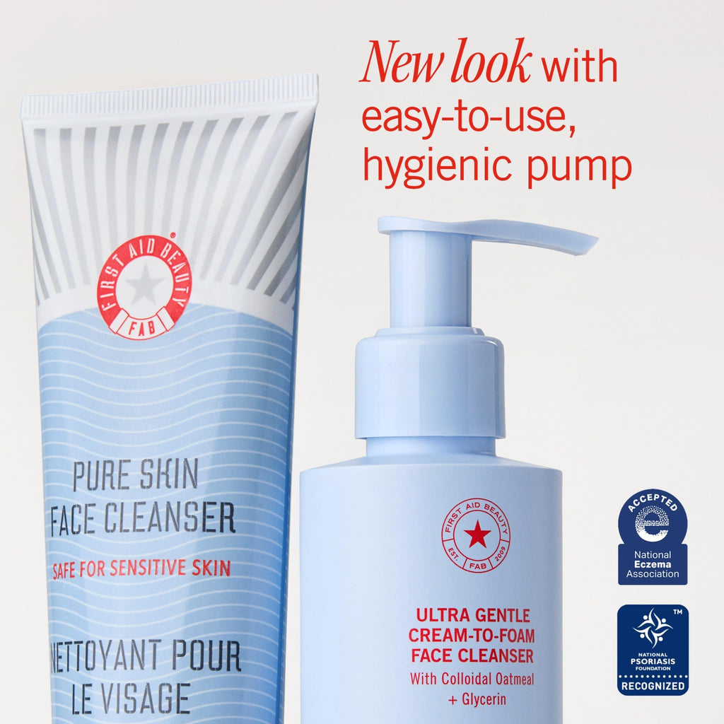 First Aid Beauty Ultra Gentle Cream-to-Foam Pure Facial Cleanser – Makeup Removing Face Cleanser - Face Wash with Colloidal Oatmeal & Glycerin, for Sensitive, Acne & Blemish-Prone Skin, 6 oz