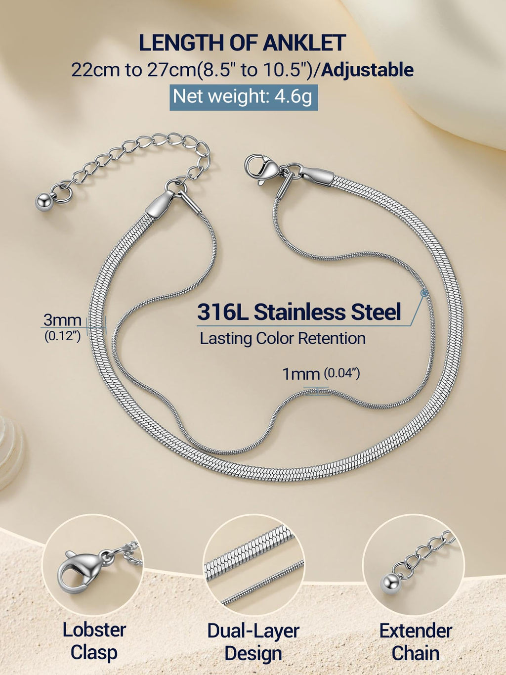 PROSTEEL Silver Anklets for Women Waterproof, 8-10.5" Adjustable