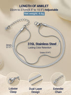PROSTEEL Silver Anklets for Women Waterproof, 8-10.5" Adjustable