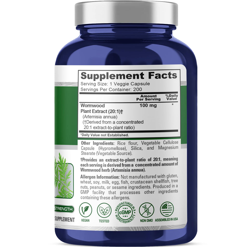 NusaPure Wormwood Capsules, 100 mg, 200 Veg Capsules (Non-GMO, Vegan)