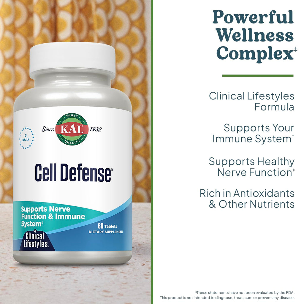 KAL Cell Defense - Nerve Function and Immune Support Supplement - w/Antioxidant Vitamin C and E, Plus Zinc, Selenium, NAC and Mushrooms (Including Reishi and Shiitake) - Lab Verified, 20 Servings