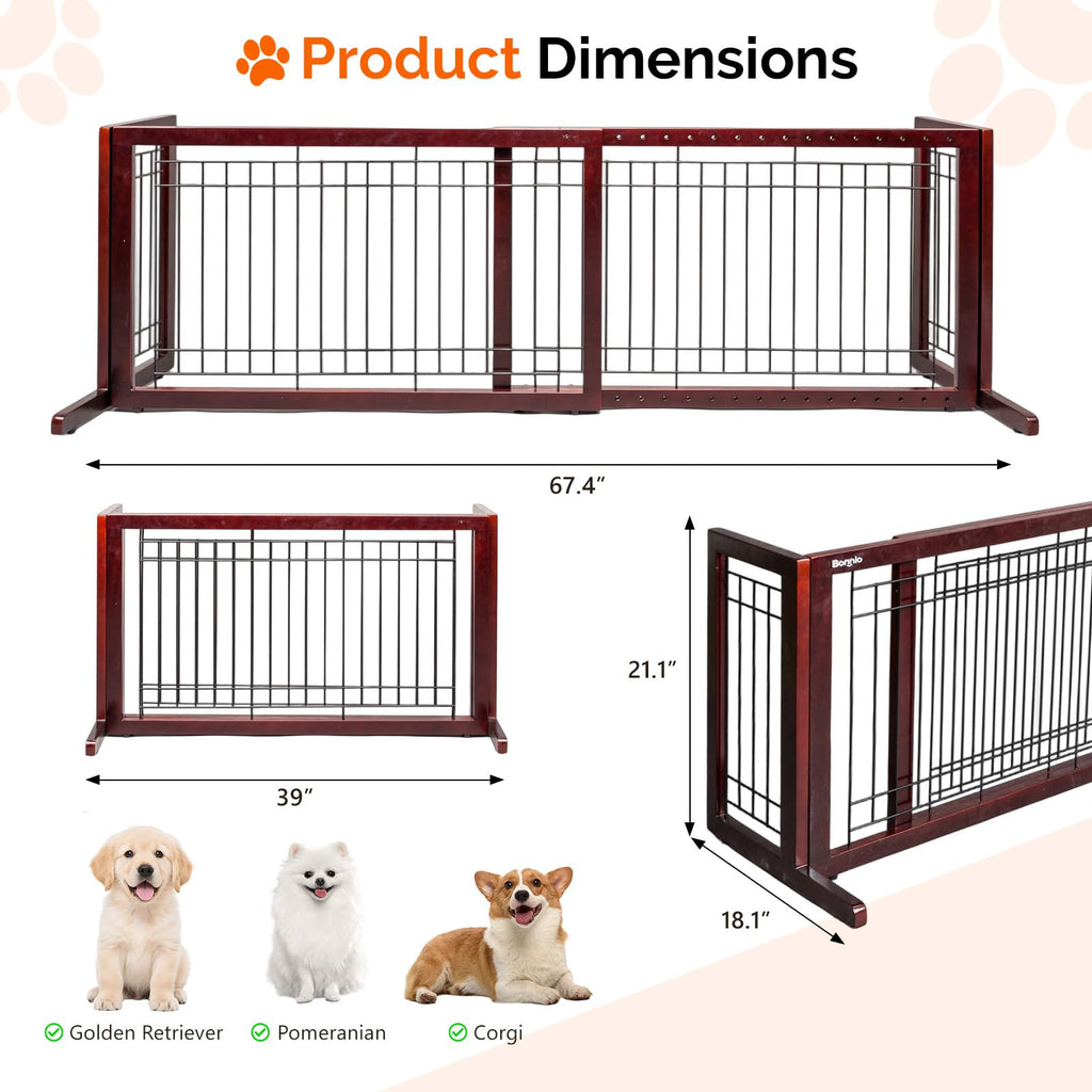 Bonnlo Free Standing Dog Gate, 39" - 68" Wide Pet Gate for Fireplace Stairs Doorways, Wooden Adjustable Pet Fence Indoor, Christmas Tree Gate (Cherry)