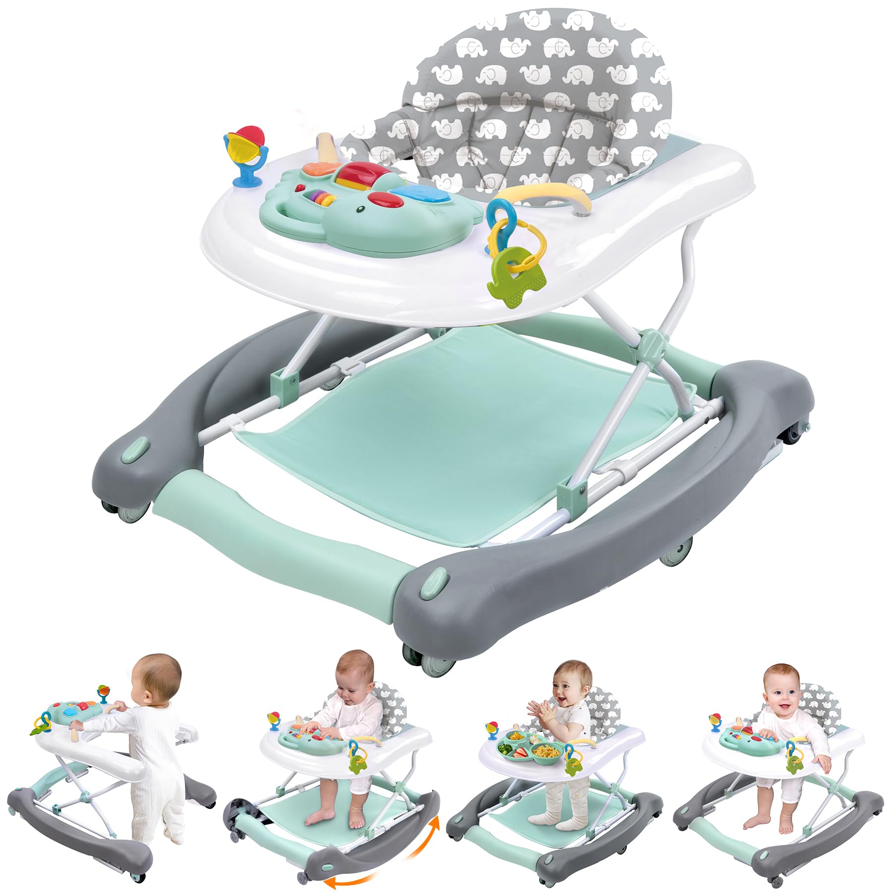 Foldable Baby 5-in-1 Activity Walker - Rocker, Activity Center, Bouncer, Seat Walker, Push Walker - Adjustable Speed Rear Wheels and Height Toys Ages 6-18 Months… (Mint Green)