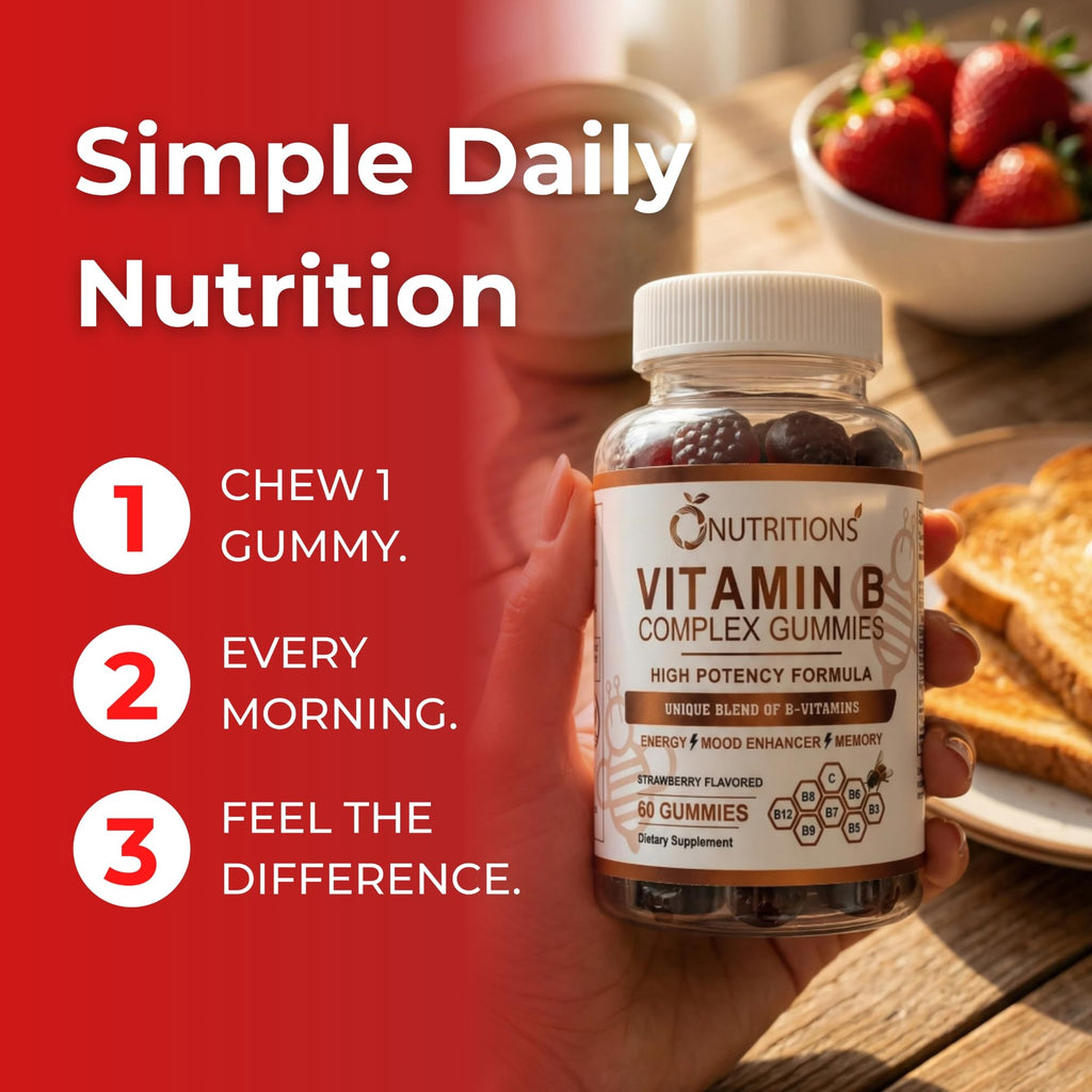O NUTRITIONS Vitamin B Complex Gummies for Women & Men – High Potency B12 (833% DV) & Biotin – Energy, Mood & Metabolism Support – Vegan Strawberry Gummy Vitamins – 60 Gummies, 2-Month Supply