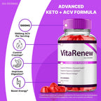 VitaRenew Advanced Gummies for Skin Health, VitaRenew Gummies for Skin Health - Maximum Strength, Keto+ ACV Gummys, All Natural Support Formula Keto+ACV, Vita Renew Gummy Reviews (1 Pack)