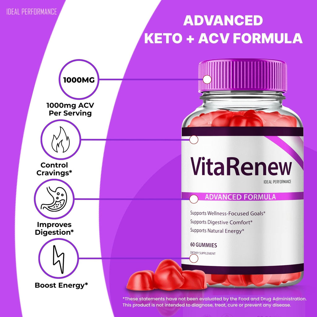 VitaRenew Advanced Gummies for Skin Health, VitaRenew Gummies for Skin Health - Maximum Strength, Keto+ ACV Gummys, All Natural Support Formula Keto+ACV, Vita Renew Gummy Reviews (3 Pack)