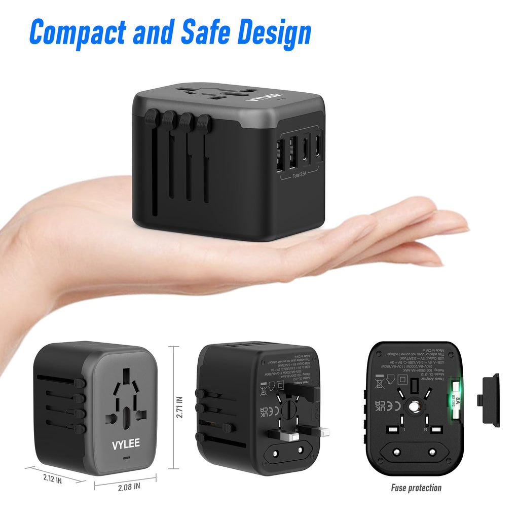 VYLEE Universal Travel Adapter, 5 in 1 International Power Adapter with 3.5A 2xUSB-A & 2xUSB-C Ports, Travel Plug Adapter Worldwide for Europe USA UK AUS Travel Essentials (Black Grey)