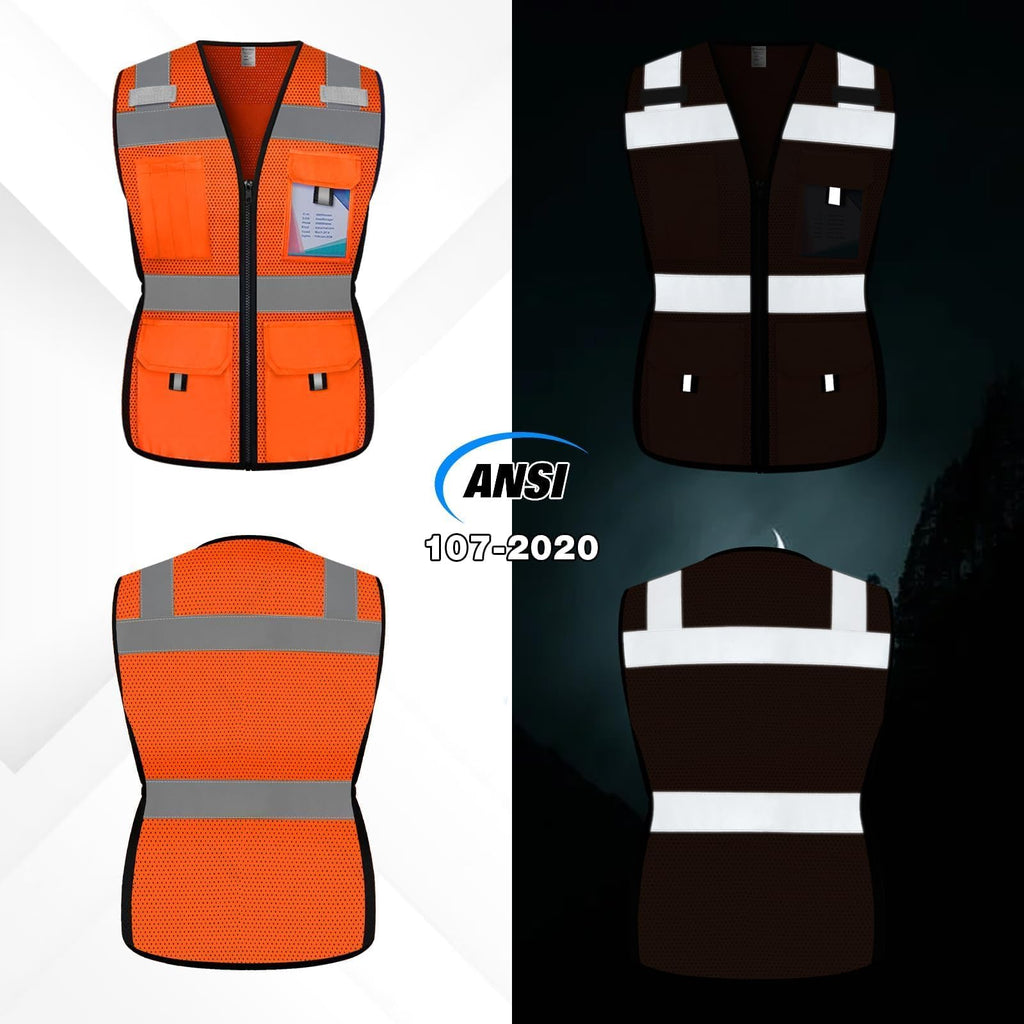Uno Mejor Womens Safety Vest with 11 Pockets Hi Vis Mesh Reflective Safety Vest for Women, Lady Neon Construction Work Vest with Zipper, Snug-Fit & Durable, ANSI Compliant, (U-Orange, L)