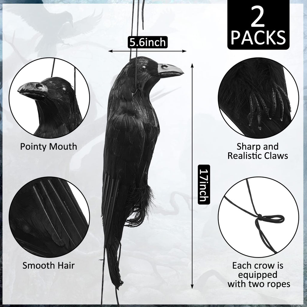 Lewtemi 2 Pcs 17 Inch Realistic Hanging Dead Crows Decoy Life Size Black Feathered Crow Fake Black Crows for Garden Decorations
