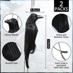 Lewtemi 2 Pcs 17 Inch Realistic Hanging Dead Crows Decoy Life Size Black Feathered Crow Fake Black Crows for Garden Decorations