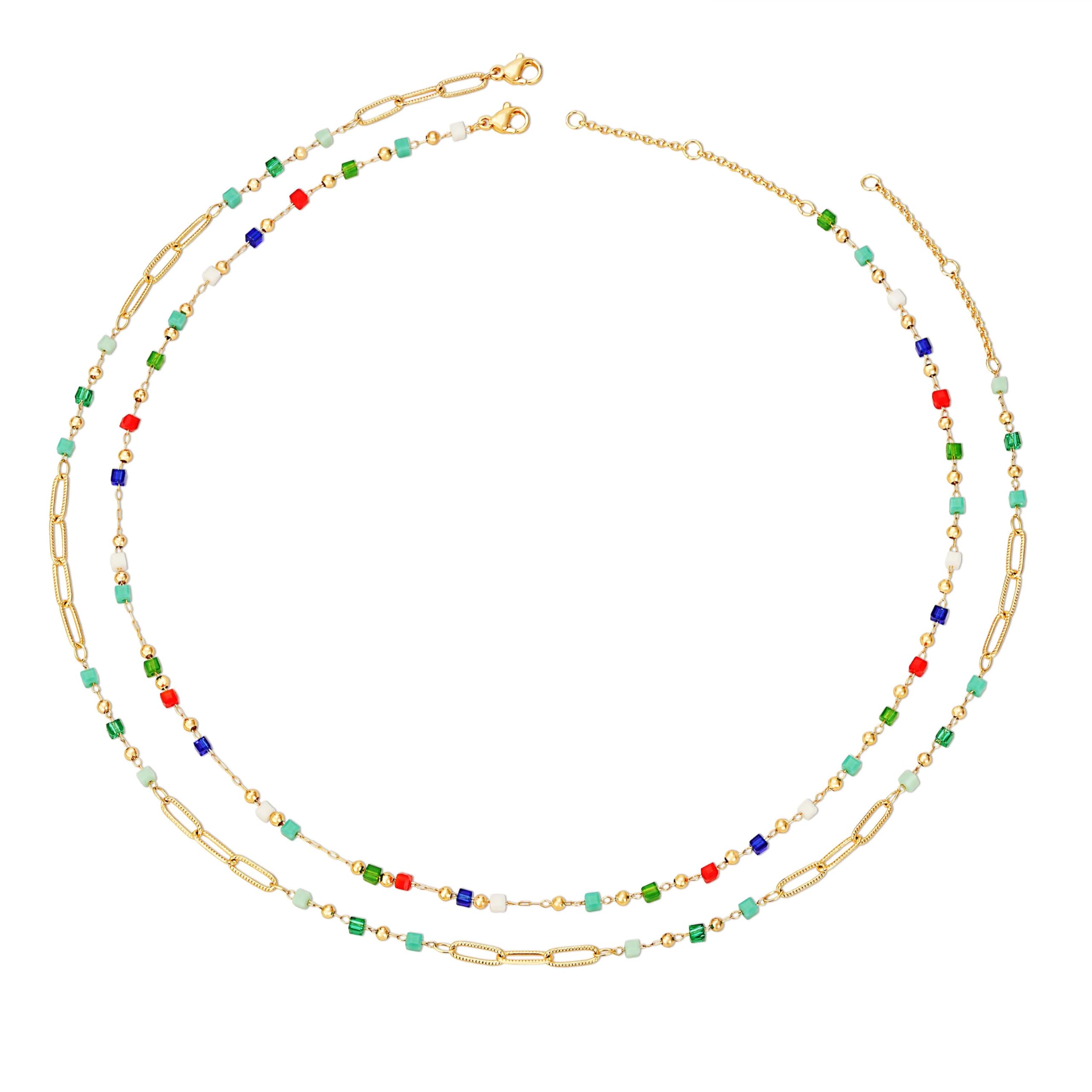 MTMY Beaded Necklaces for Women 14K Gold Plated Dainty Colorful Green/Rose Beaded Pearl Choker Necklace Delicate Boho Jewelry Gift (Layer-mix color)