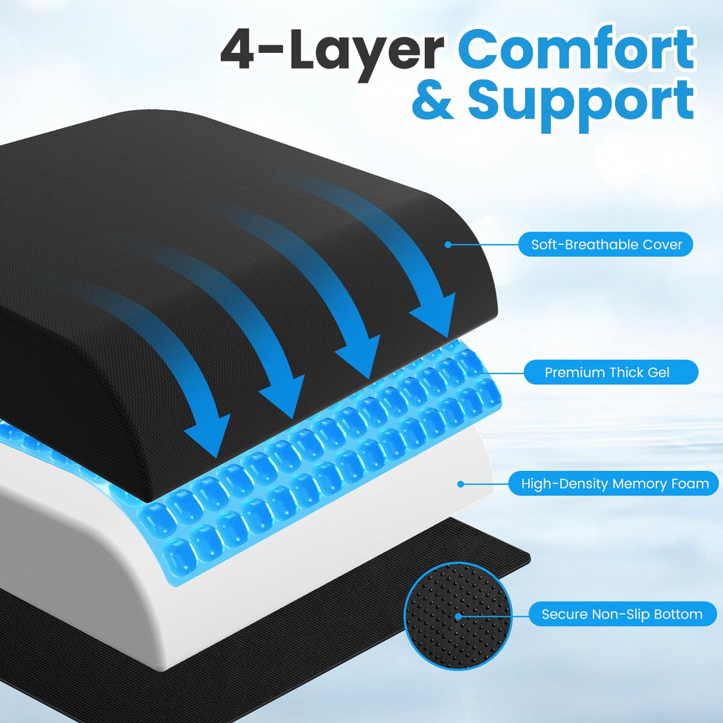 Wheelchair Seat Cushion - Cooling Gel & Memory Foam Office Chair Cushion with Non-Slip Bottom & Washable Cover, Ergonomic Car Seat Pillow for Sciatica, Tailbone, Back Comfort (Black)