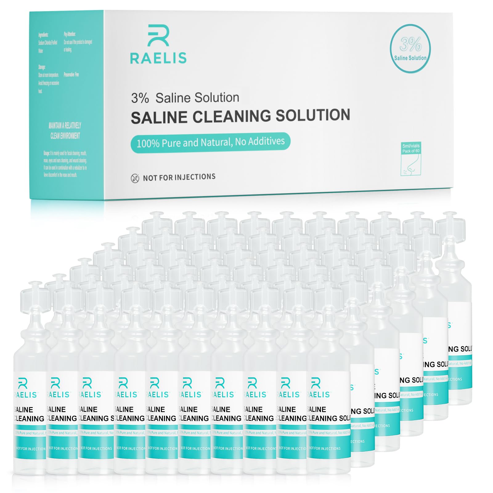 3% Saline Solution for Household Uses, 300ml (10.56 FL OZ), 5ml Each, 60 Pack