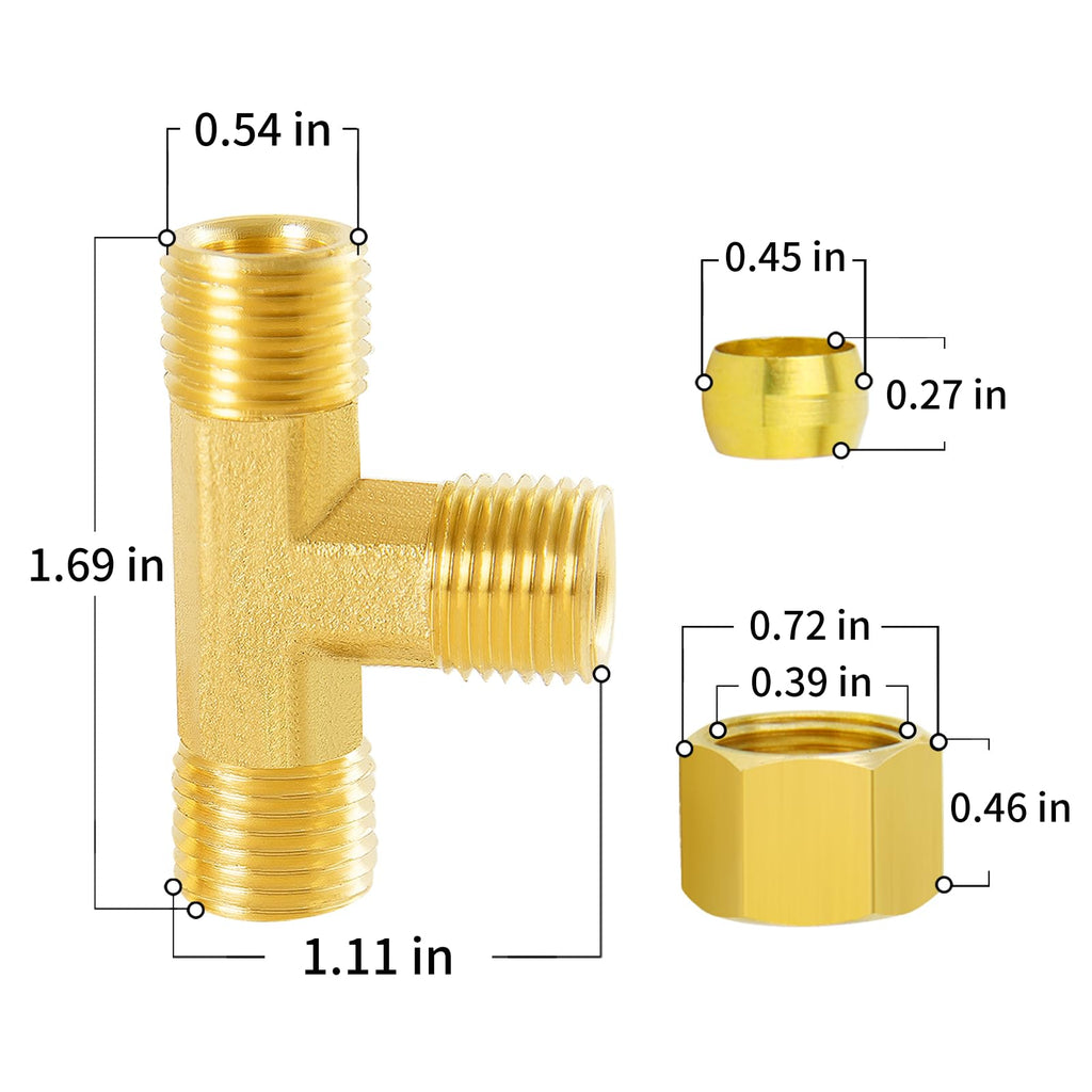 ChillWaves Brass Tee Compression Tube Fitting, 3/8" OD x 3/8" OD x 3/8" OD Compression Union Connector(5-PACK)