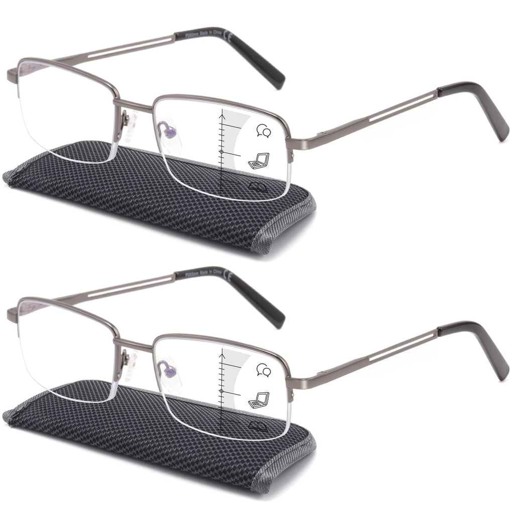 Premium 2 PACK Durable Progressive Multifocus Reading Glasses for Men Blue Light Blocking Computer Reader Anti Eyestrain Metal Frame Spring Hinges (for Mid-Near Range approx 3ft) 2.0 Gunmetal