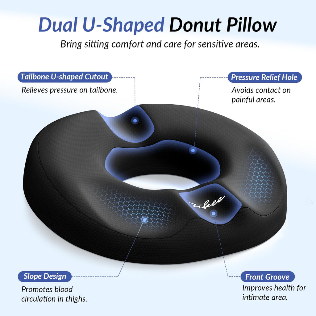 ZIKEE Dual U-Shaped Donut Pillow for Tailbone Pain, Hemorrhoid Pillow for Sitting with Pressure Relief Hole & Slope Design, Donut Seat Cushion for Coccyx, Postpartum & Post Surgery Sitting Relief