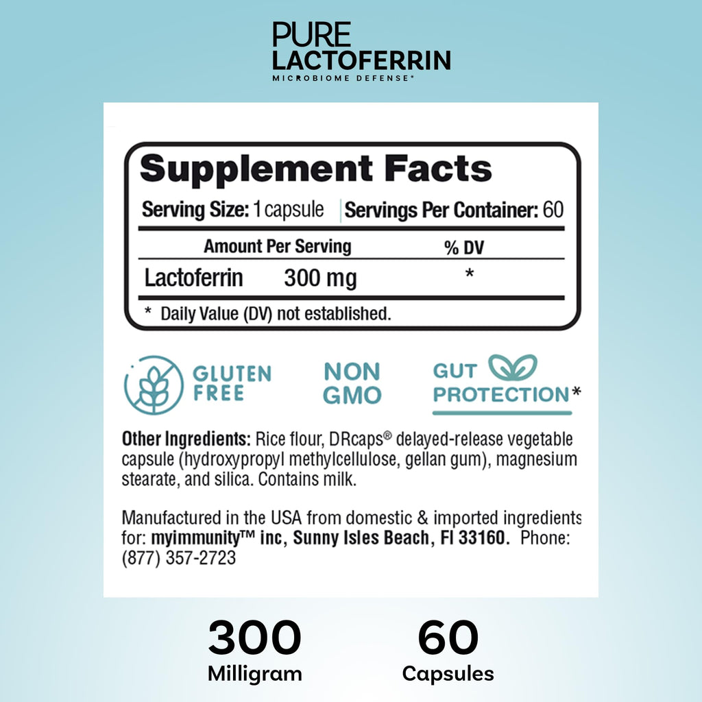 Lactoferrin 300mg Delayed Release Capsules - MyImmunity Premium Immune Support Supplement with Iron Absorption - Freeze Dried, Non-GMO, Gluten Free, Vegetarian - 60 Count (2 Month Supply)