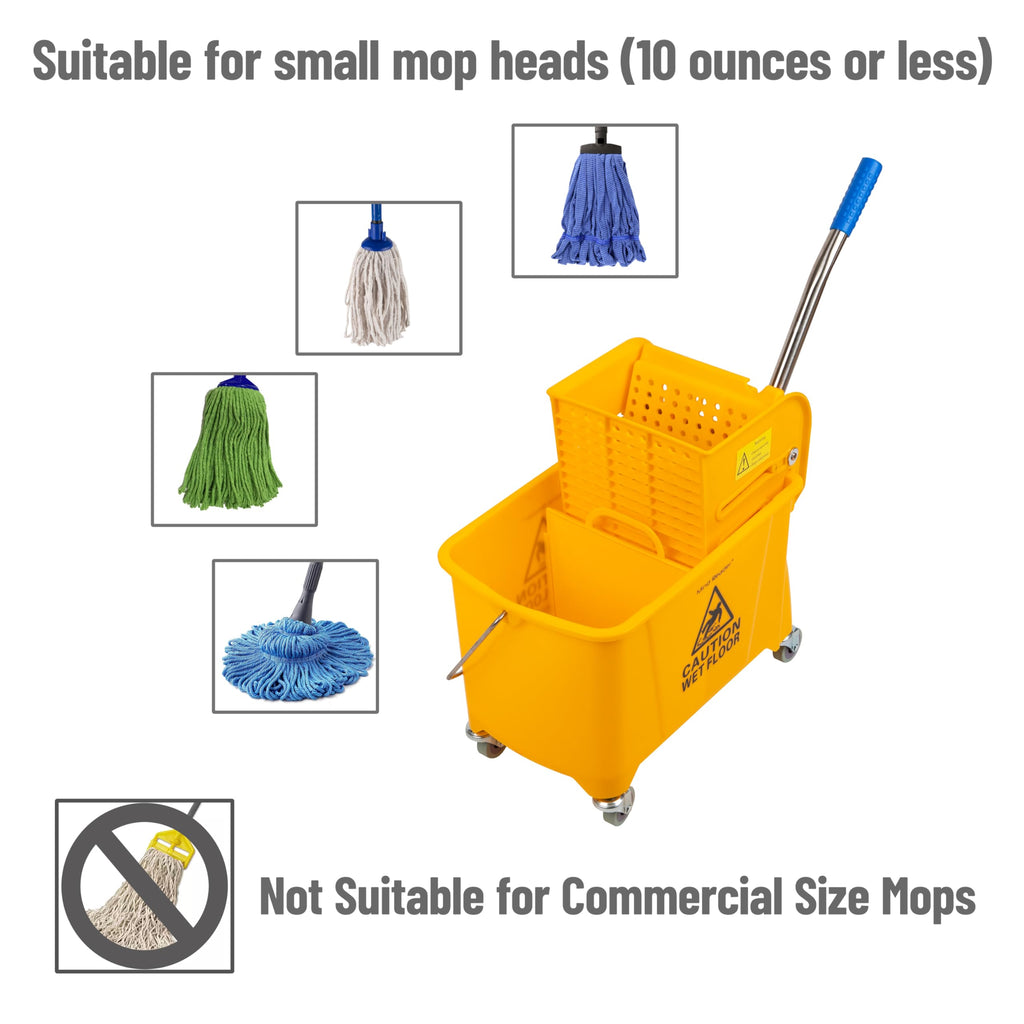 Mind Reader Mop Bucket with Wringer (Mop Not Included), 5.5 Gallon Cleaning Bucket with Wheels and Handle, Upward Press Wringer, Small Mop Compatible, Yellow
