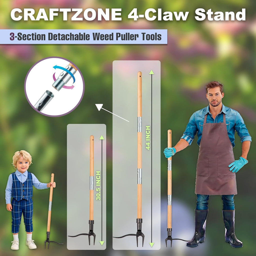 CRAFTZONE Weed Puller Stand Up Weed Puller Tool with Wooden Long Handle Foot Platform Design 4-Claw Steel Head & Removable 3-Section Pole Garden Tools-Easily Remove Weeds Without Bending or Kneeling