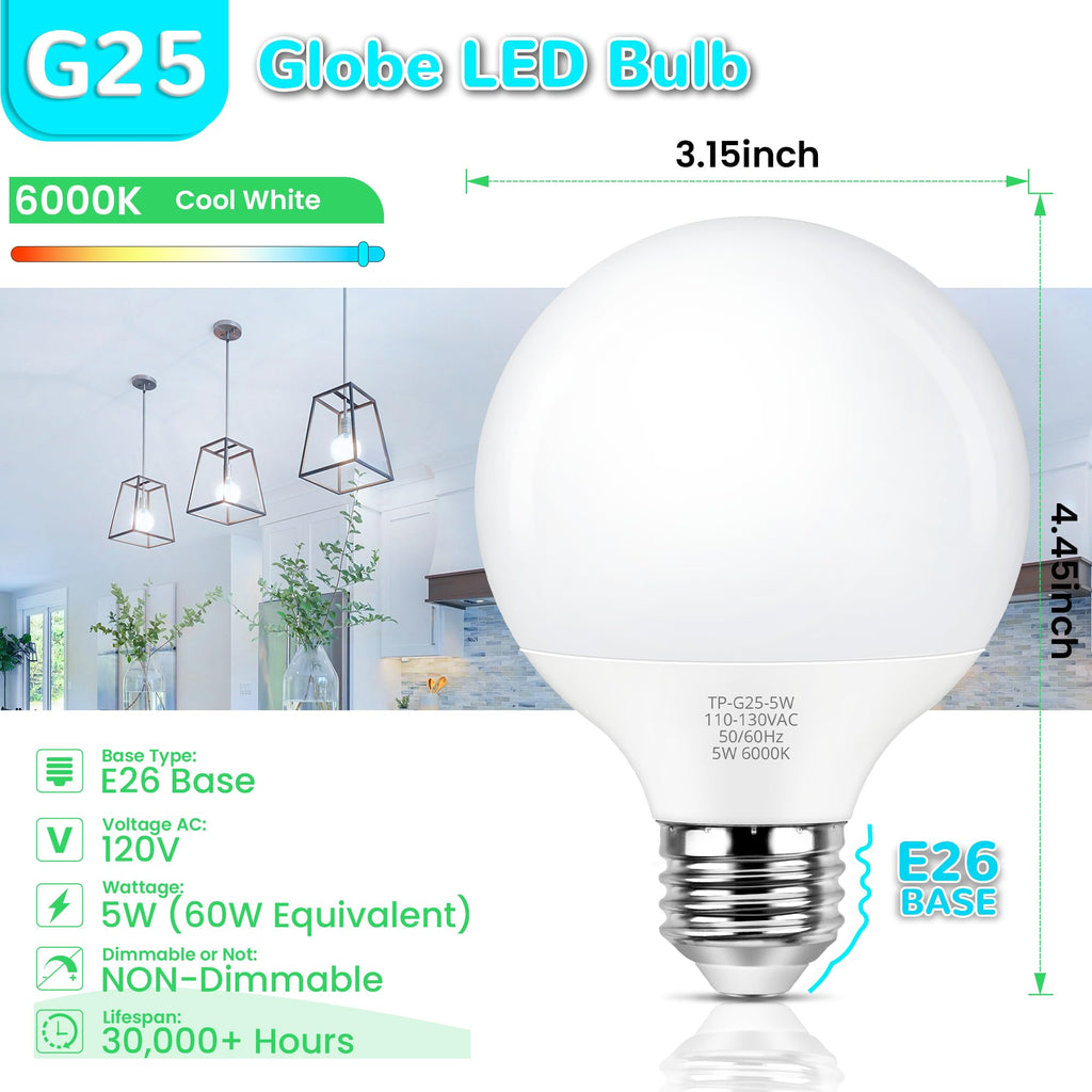 MAXvolador G25 LED Globe Light Bulbs 60W Equivalent, Cool White 6000K Bathroom Vanity Round Bulb, 500LM E26 LED for Makeup Mirror, Non-Dimmable 4 Pack