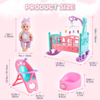 deAO 12” Baby Doll Play Set with Crib, Mobile, High Chair Feeding Accessories, Interactive Dolls for Girls Kids Pretend Play Baby Dolls 21 PCS