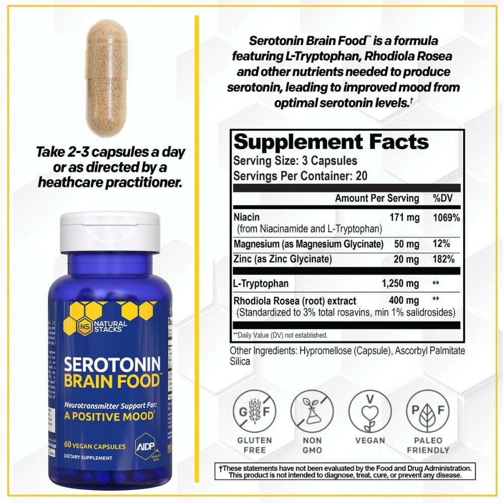 Serotonin Brain Food - 1250mg L-Tryptophan & 400mg Rhodiola Rosea Supplement - Mood Support Supplement for Stress Relief - Neurotransmitter Support with Magnesium Glycinate & Zinc - 120 Capsules