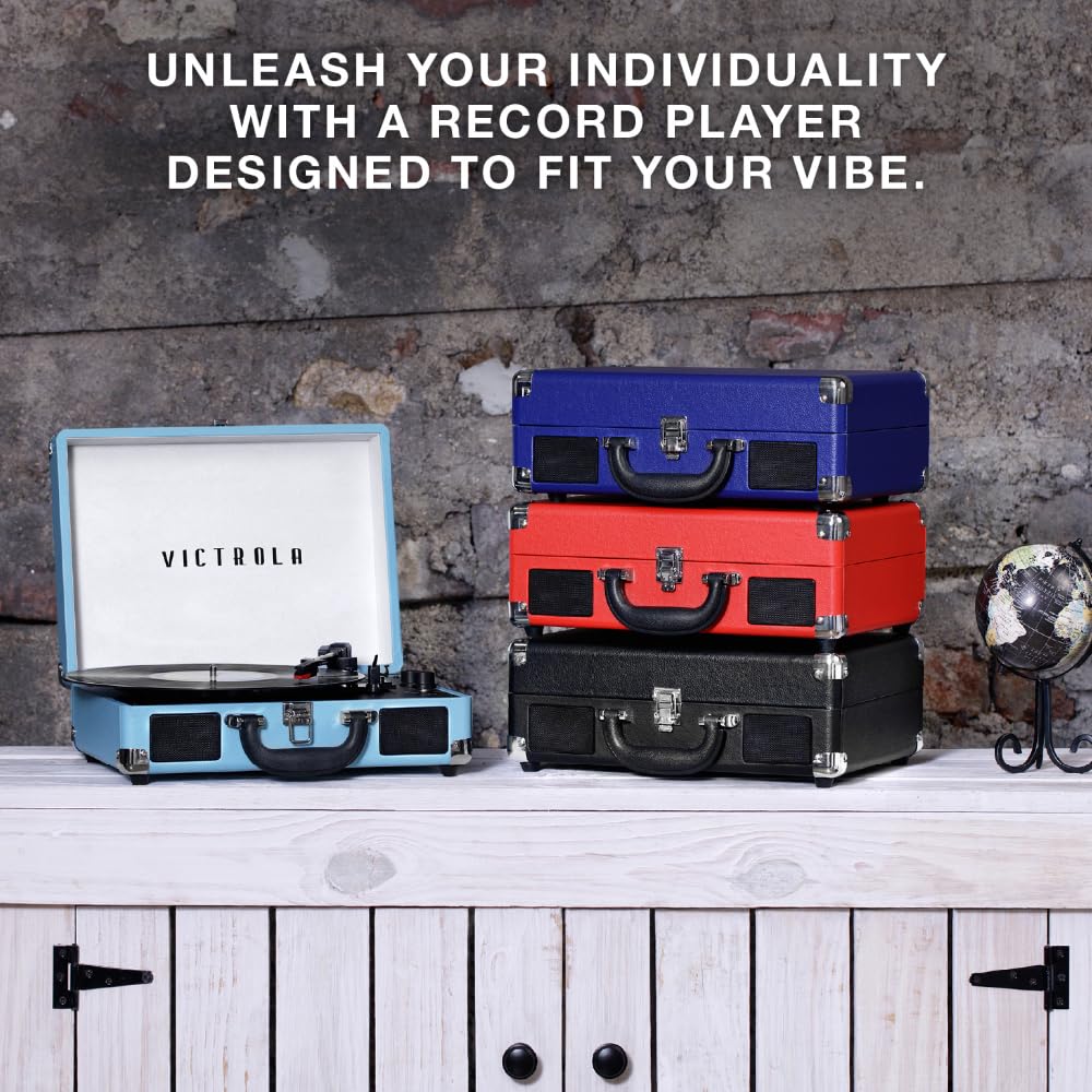 Victrola Journey Bluetooth Portable Suitcase Record Player – with Built-in Speakers, 3 Speed Vinyl Record Player, RCA Out, Headphone Jack (Black)